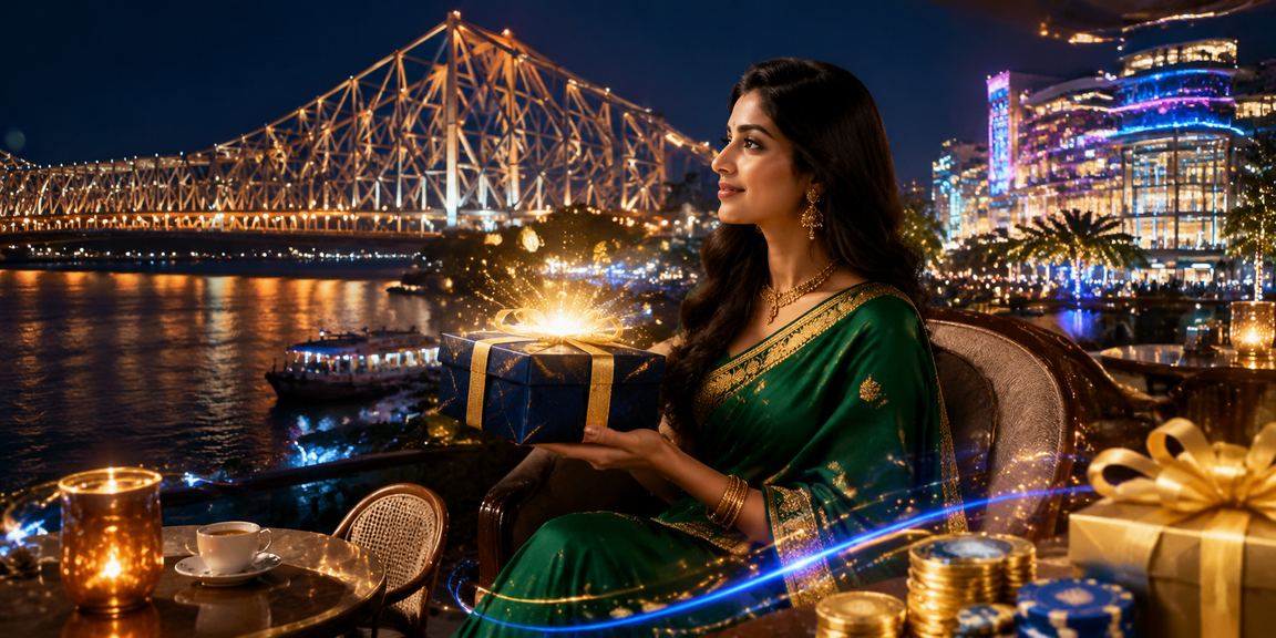 Evening view of Kolkata Howrah Bridge with lottery theme